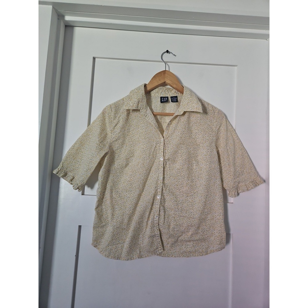 Vintage 90s GAP Ditsy Floral Blouse M Beige Country Calico Ruffle Sleeve Shirt